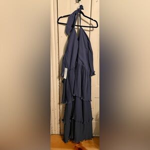 Elegant Blue Tiered and Pleated Halter Dress